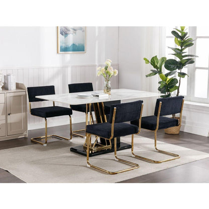 Modern Dining Chairs with Corduroy Fabric, Gold Metal Base, Accent Armless Kitchen Chairs with Channel Tufting, Side Chairs, Set of 2, Black