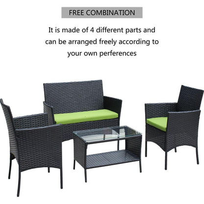 4 PC Rattan Patio Furniture Set Outdoor Patio Cushioned Seat Wicker Sofa (green Cushion)