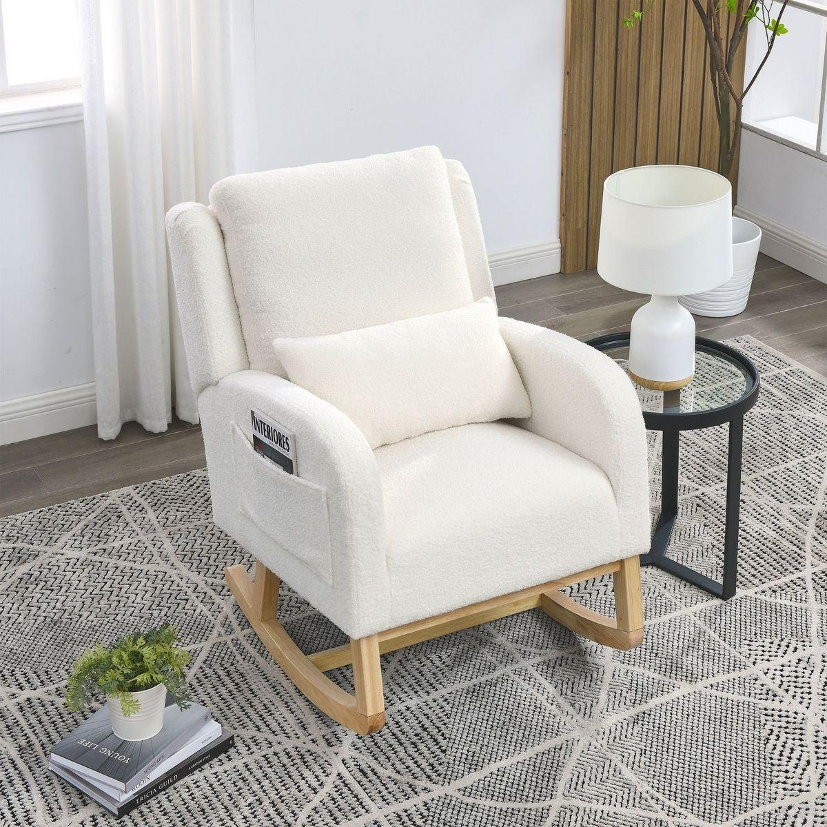 27.5" W Modern Accent High Back Living Room Casual Armchair Rocker with One Lumbar Pillow, Two Side Pockets, Teddy.