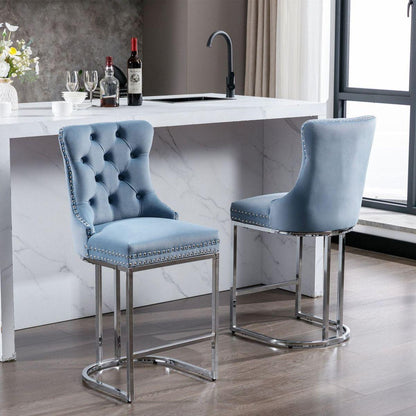 26" Counter Height Bar Stools Set of 2, Modern Velvet Barstools with Button Back&Rivet Trim Upholstered Kitchen Island Chairs with Sturdy Chromed Metal Base Legs Farmhouse Bar Stools, Light Blue, 2 Pack