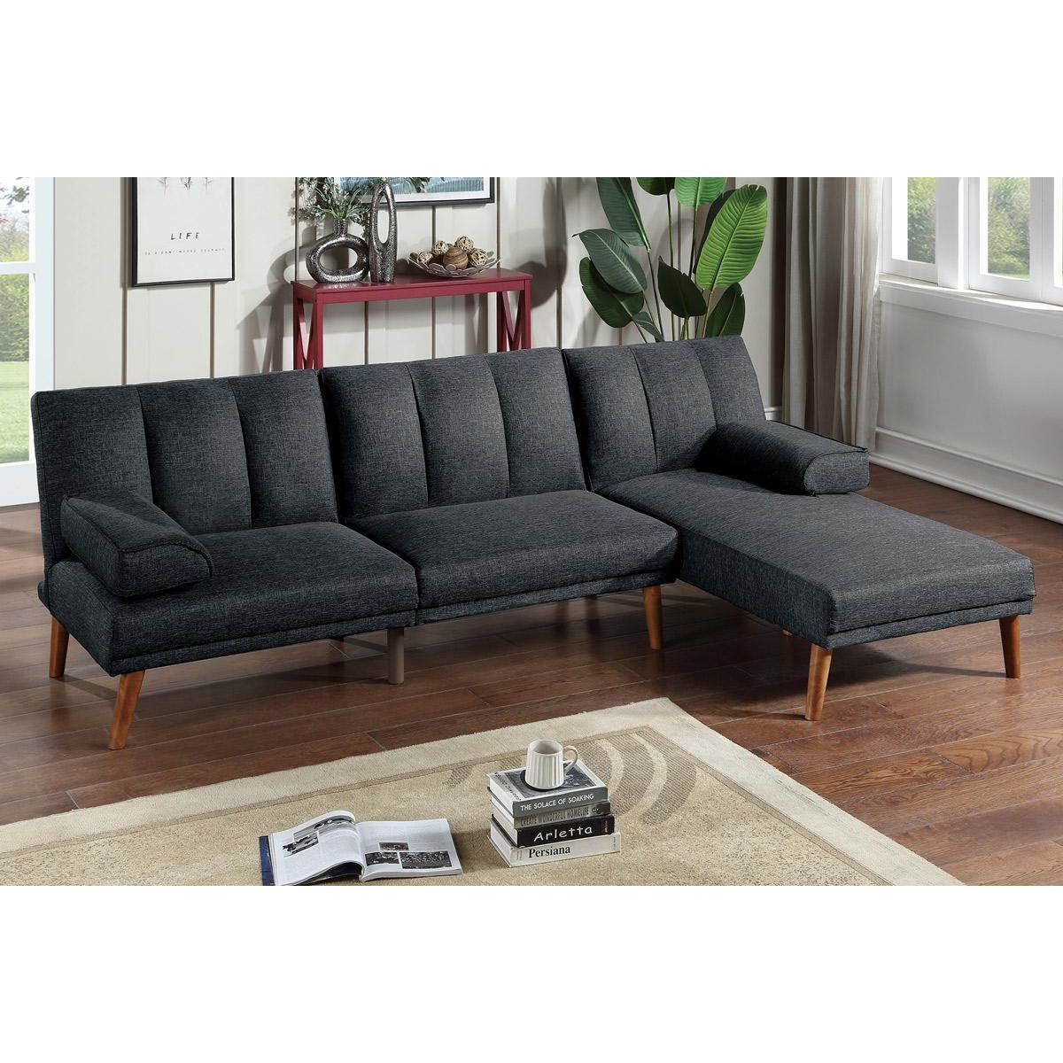 Black Polyfiber Adjustable Chaise Bed Living Room Solid wood Legs Plush Couch