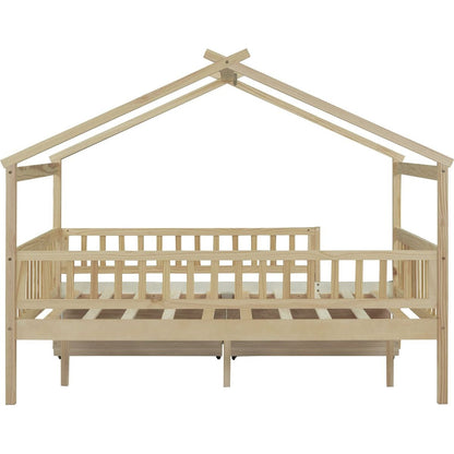 Full Size Wooden House Bed with Two Drawers, Natural