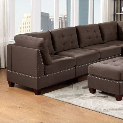 Modular Sectional 9pc Set Living Room Furniture Corner Sectional Tufted Nail heads Couch Black Coffee Linen Like Fabric 3x Corner Wedge 4x Armless Chairs and 2x Ottomans