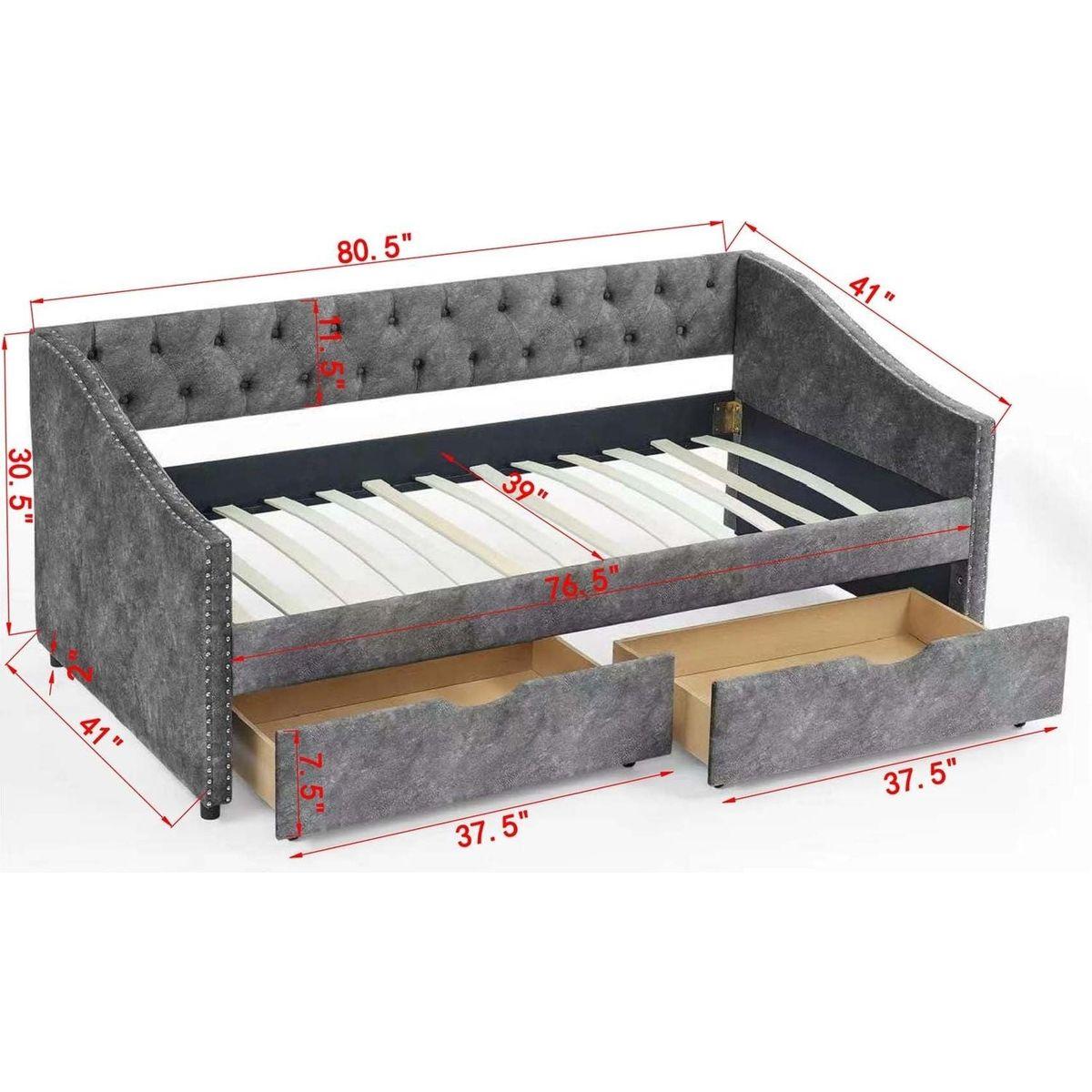 Twin Size Daybed with Drawers Upholstered Tufted Sofa Bed, with Button on Back and Copper Nail on Waved Shape Armsrey1.5"41"30.5"