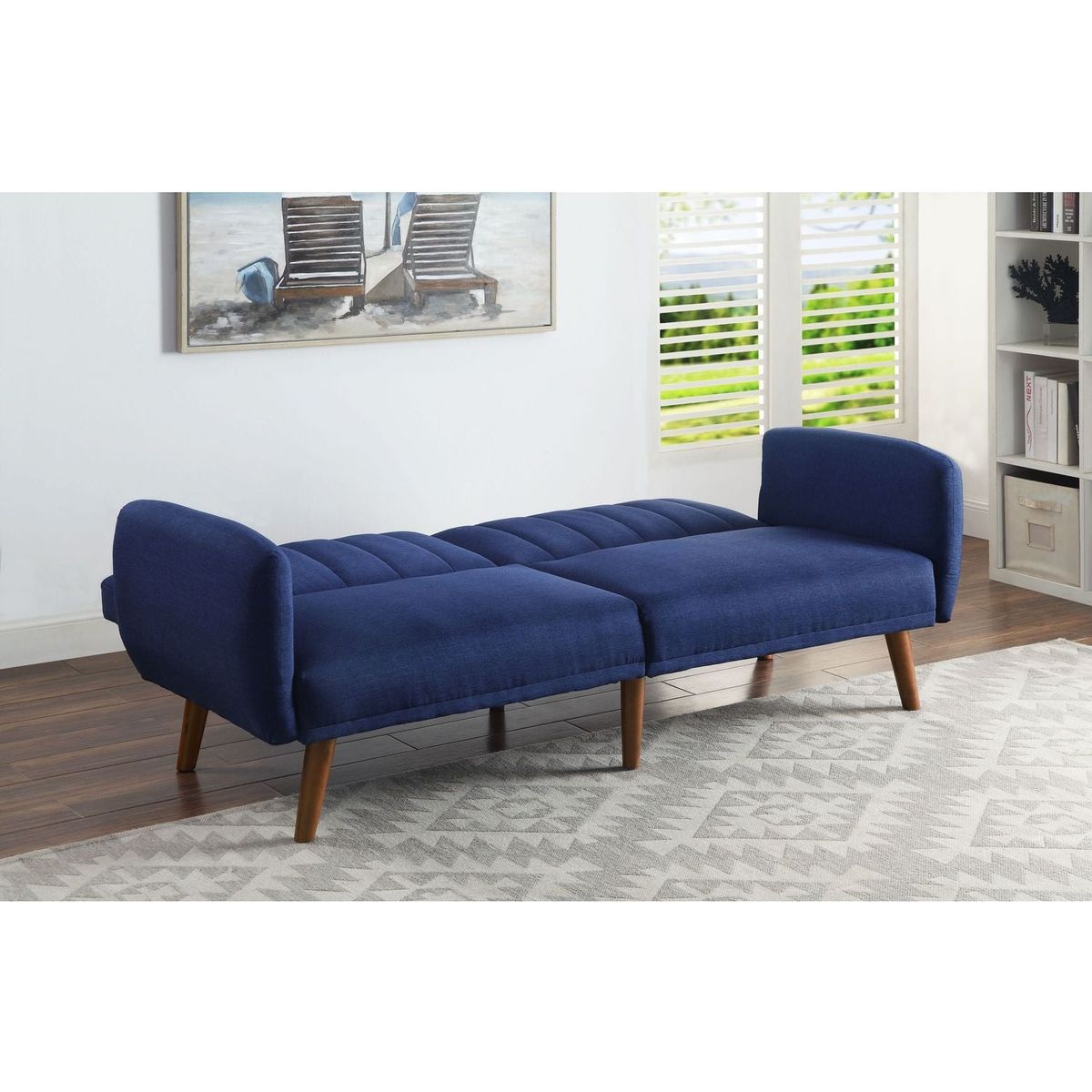 Bernstein Adjustable Sofa, Blue Linen & Walnut Finish