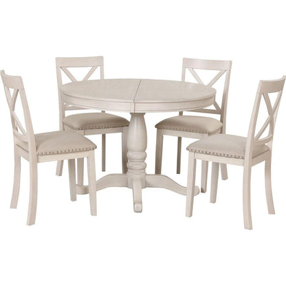 Modern Dining Table Set for 4, Round Table and 4 Kitchen Room Chairs, 5 Piece Kitchen Table Set for Dining Room, Dinette, Breakfast Nook, Antique White