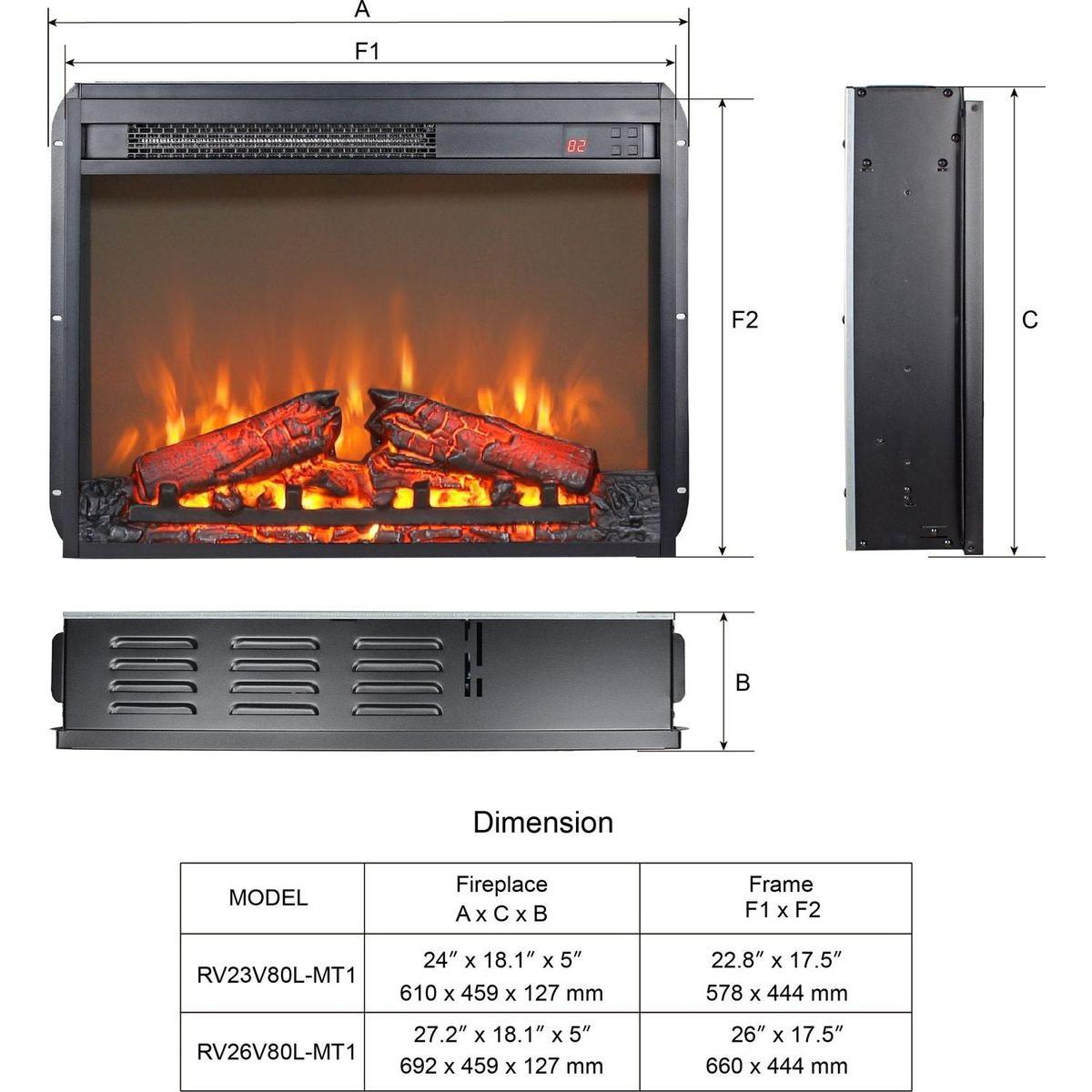 26 inch electric fireplace insert, ultra thin heater with log set & realistic flame, remote control with timer, overheating protection - Streamdale Furniture