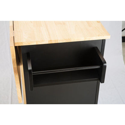 Kitchen Island & Kitchen Cart, Mobile Kitchen Island with Extensible Rubber Wood Table Top, adjustable Shelf Inside Cabinet, 3 Big Drawers, with Spice Rack, Towel Rack, Black-Beech .