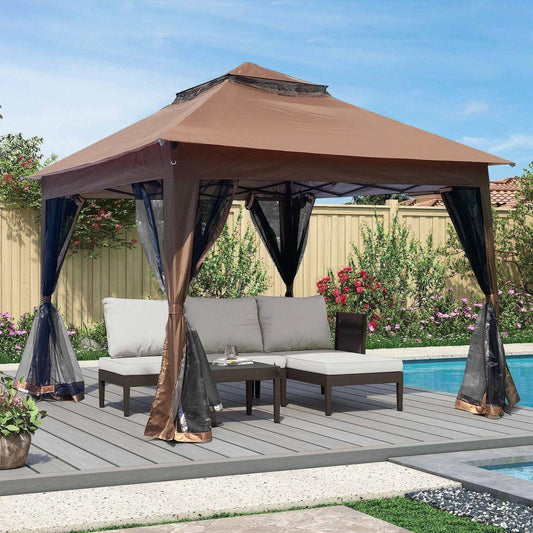 Outdoor 11x 11Ft Pop Up Gazebo Canopy With Removable Zipper Netting, 2-Tier Soft Top Event Tent, Suitable For Patio Backyard Garden Camping Area with 4 Sandbags, Brown