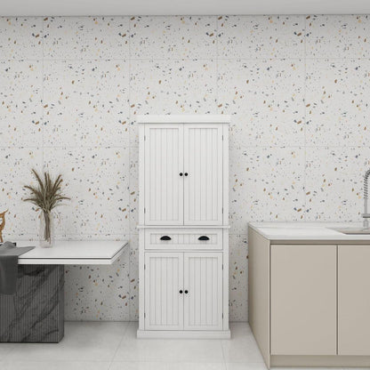 71" Kitchen Pantry Storage Cabinet, with 4 Doors, Drawer, 2 Adjustable Shelves, Freestanding Cupboard for Dining Room Living Room, Laundry-White