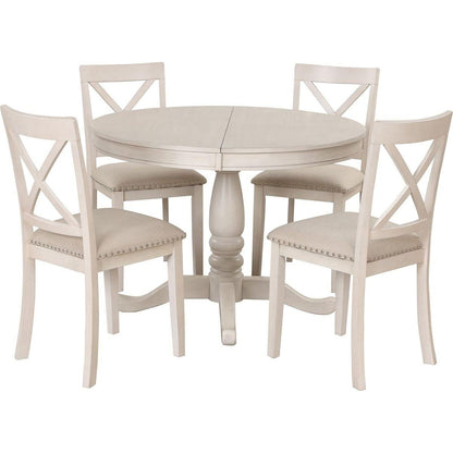 Modern Dining Table Set for 4, Round Table and 4 Kitchen Room Chairs, 5 Piece Kitchen Table Set for Dining Room, Dinette, Breakfast Nook, Antique White