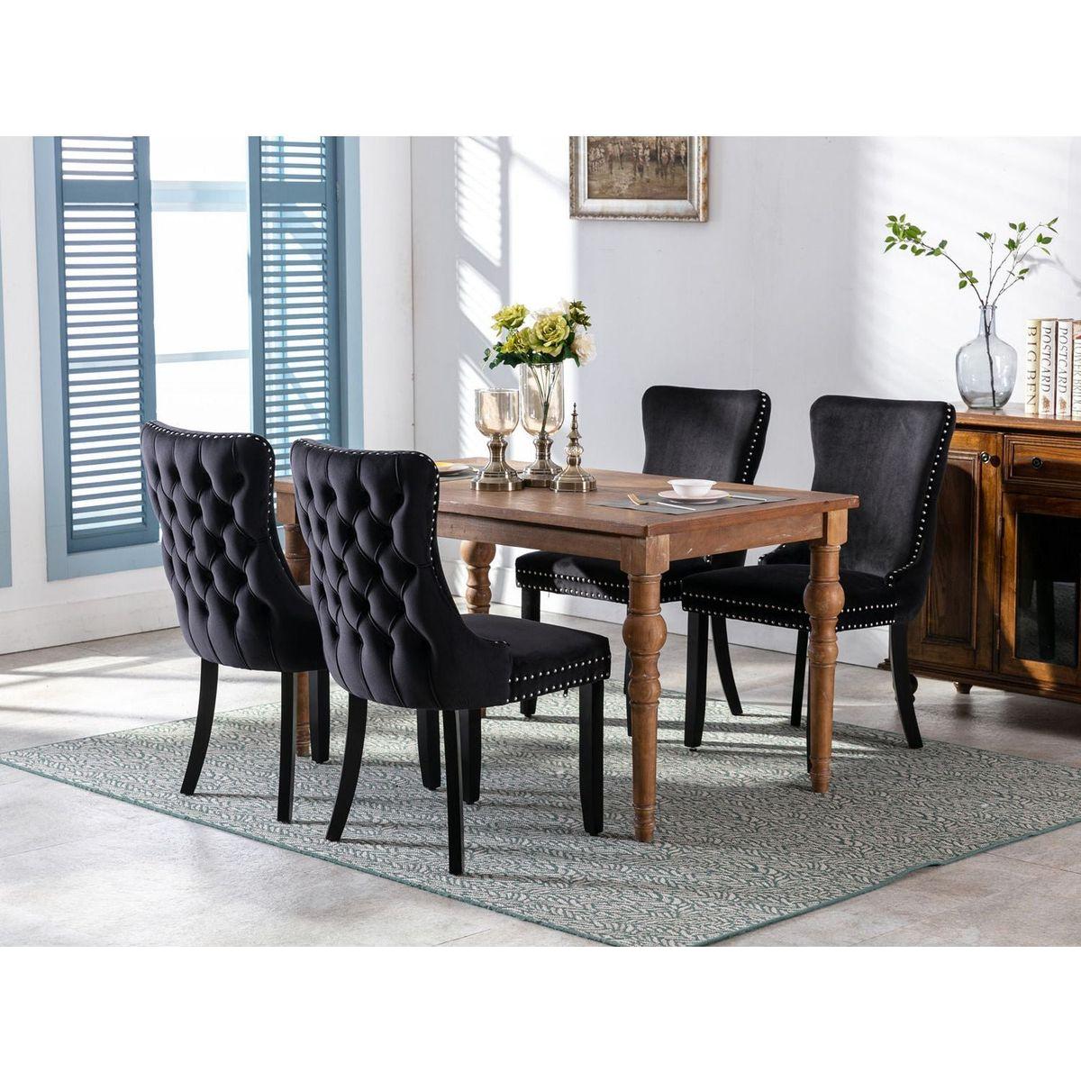 Upholstered Wing-Back Dining Chair with Backstitching Nailhead Trim and Solid Wood Legs, Set of 2, Black, 8809BK, KD