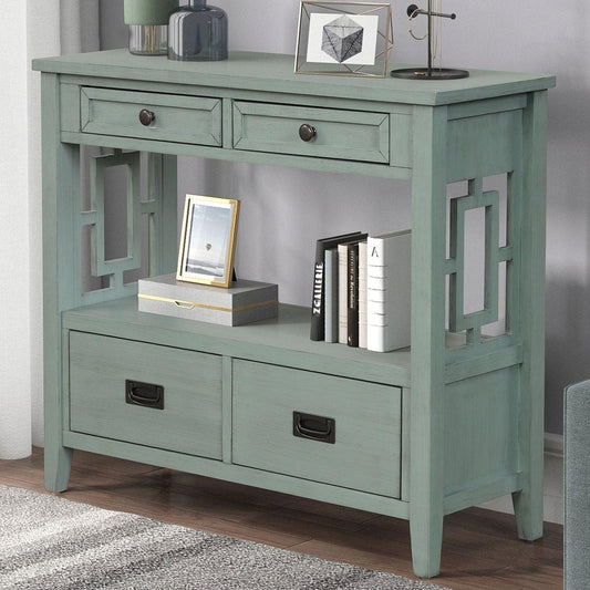 36" Farmhouse Pine Wood Console Table Entry Sofa Table with 4 Drawers & 1 Storage Shelf for Entryway Living Room Bedroom Hallway Kitchen (Green) - Streamdale Furniture