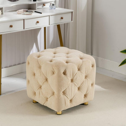 Beige Modern Velvet Upholstered Ottoman, Exquisite Small End Table, Soft Foot Stool, Dressing Makeup Chair, Comfortable Seat for Living Room, Bedroom, Entrance