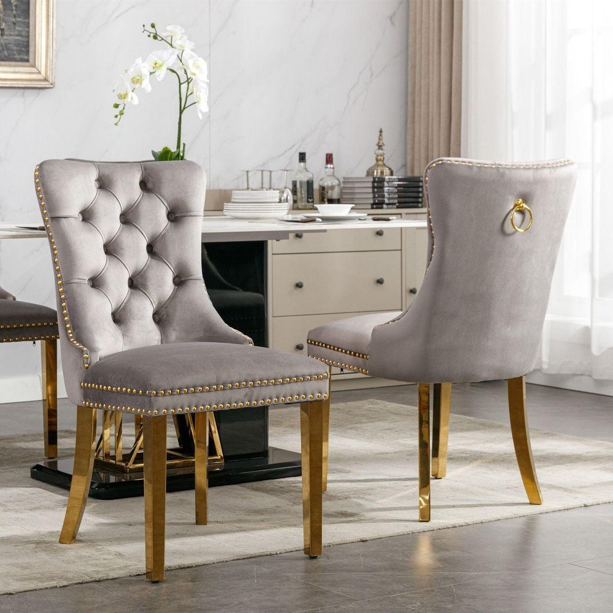 Nikki Collection Modern, High-end Tufted Solid Wood Contemporary Velvet Upholstered Dining Chair with Golden Stainless Steel Plating Legs,Nailhead Trim,Set of 2,Gray and Gold