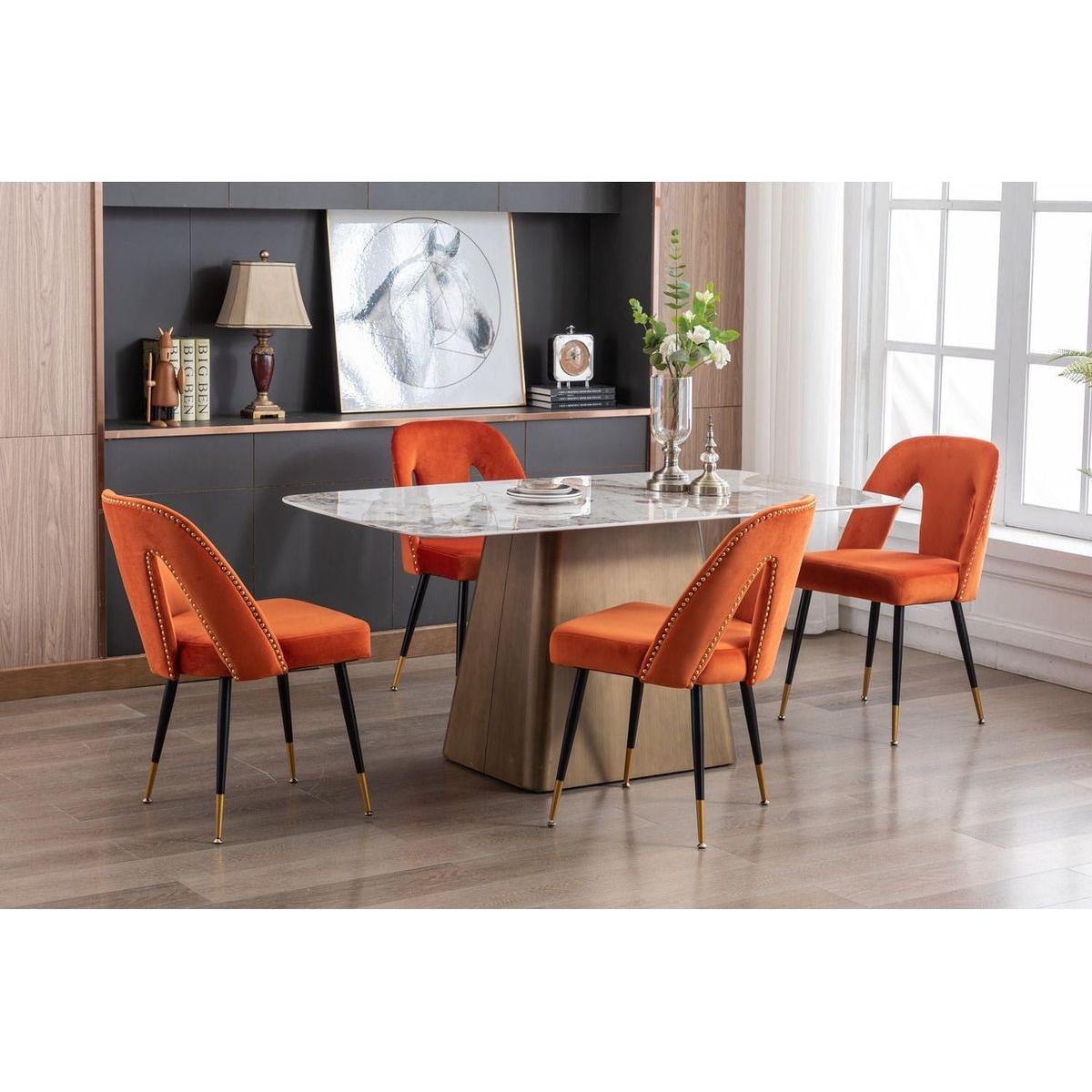 Akoya Collection Modern Contemporary Velvet Upholstered Dining Chair with Nailheads and Gold Tipped Black Metal Legs, Orangeet of 2