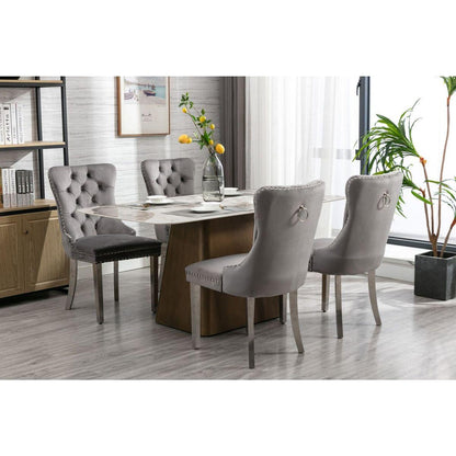 Nikki Collection Modern, High-end Tufted Solid Wood Contemporary Velvet Upholstered Dining Chair with Chrome Stainless Steel Plating Legs, Nailhead Trim, Set of 2ray and Chrome