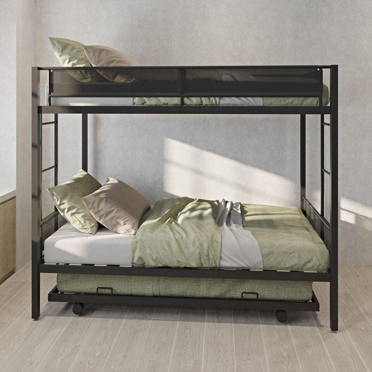 Twin over twin bunk bed with trundle (Wood Slat and Textilene Guardrail)