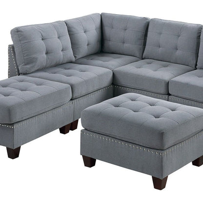 Contemporary Modular Sectional 7pc Set Living Room Furniture Corner L-Sectional Gray Linen Like Fabric Tufted Nail heads 2x Corner Wedge 3x Armless Chair and 2x Ottoman