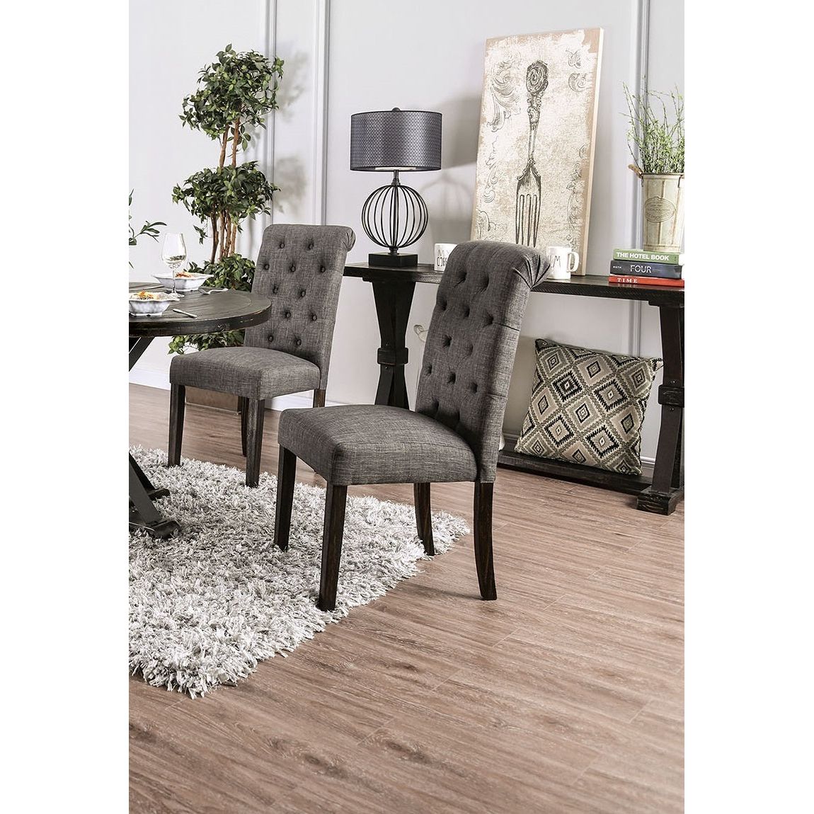 Classic Antique Black / Gray Set of 2 Side Chairs Button Tufted Linen Like Fabric Solid wood Chair Upholstered Scroll Back Kitchen Rustic Dining Room Furniture