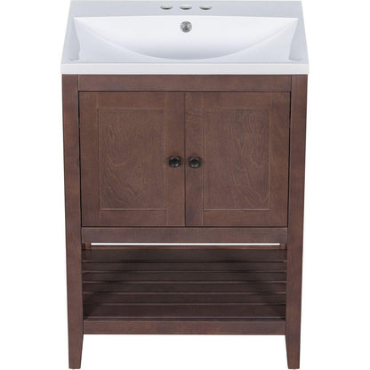 24" Brown Modern Sleek Bathroom Vanity Elegant Ceramic Sink with Solid Wood Frame Open Style Shelf