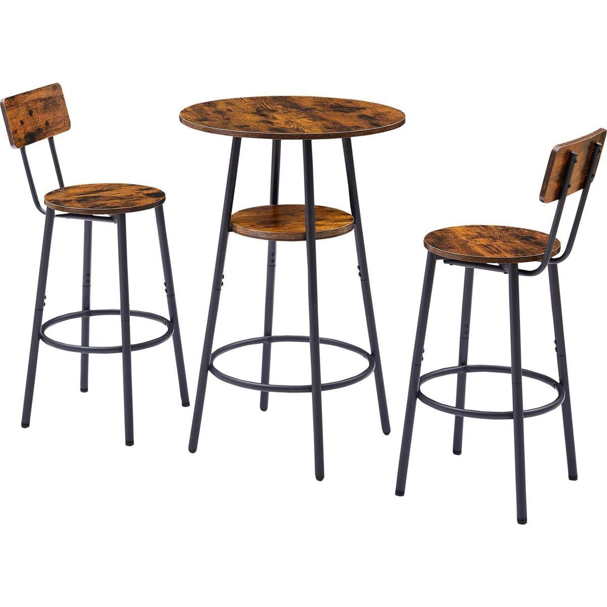 Round bar stool set with shelves, stool with backrest Rustic Brown, 23.6" Dia x 35.4" H - Streamdale Furniture