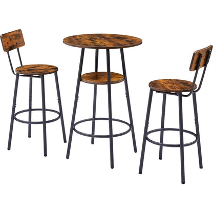 Round bar stool set with shelves, stool with backrest Rustic Brown, 23.6" Dia x 35.4" H - Streamdale Furniture