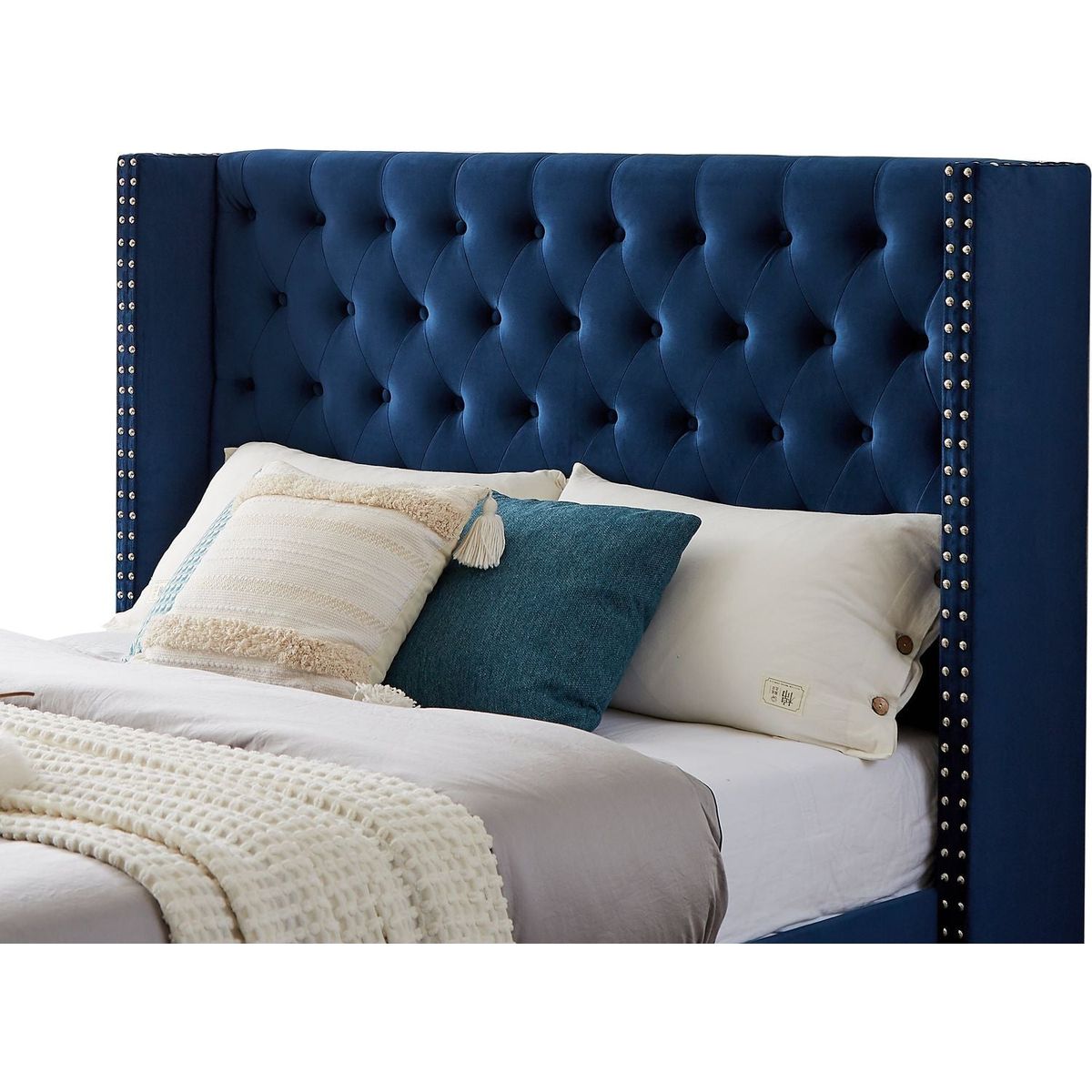 Queen bed, Button designed Headboard, strong wooden slats + metal legs with Electroplate