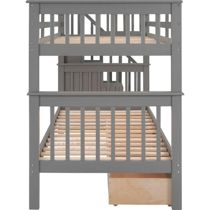 Stairway Twin-Over-Twin Bunk Bed with Three Drawers for Bedroom, Dorm - Gray - Streamdale Furniture