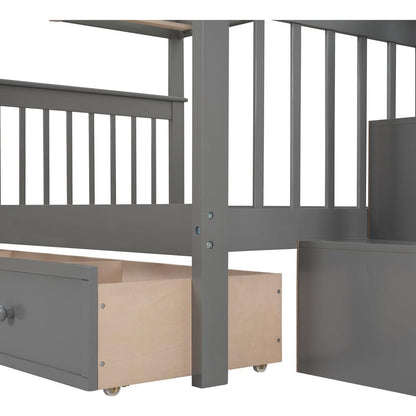 Stairway Full-Over-Full Bunk Bed with Drawer, Storage and Guard Rail for Bedroom, Gray color