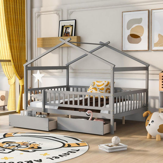 Full Size Wooden House Bed with Two Drawers, Gray - Streamdale Furniture