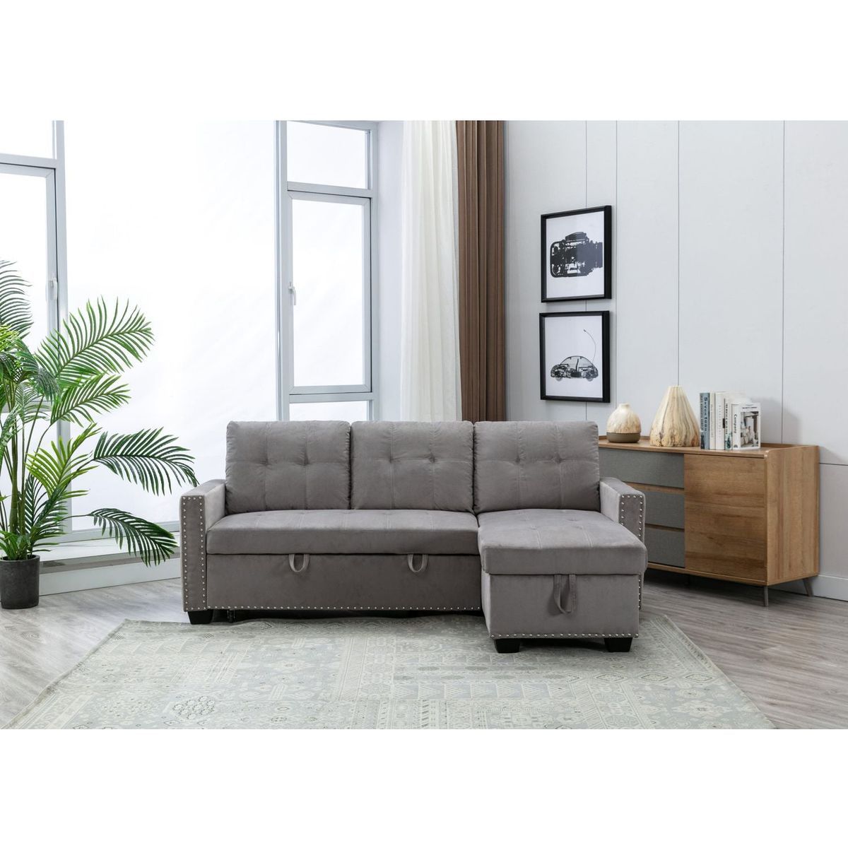 77 Inch Reversible Sectional Storage Sleeper Sofa Bed, L-Shape 2 Seat Sectional Chaise With Storage, Skin-Feeling Velvet Fabric, Light Grey Color For Living Room Furniture