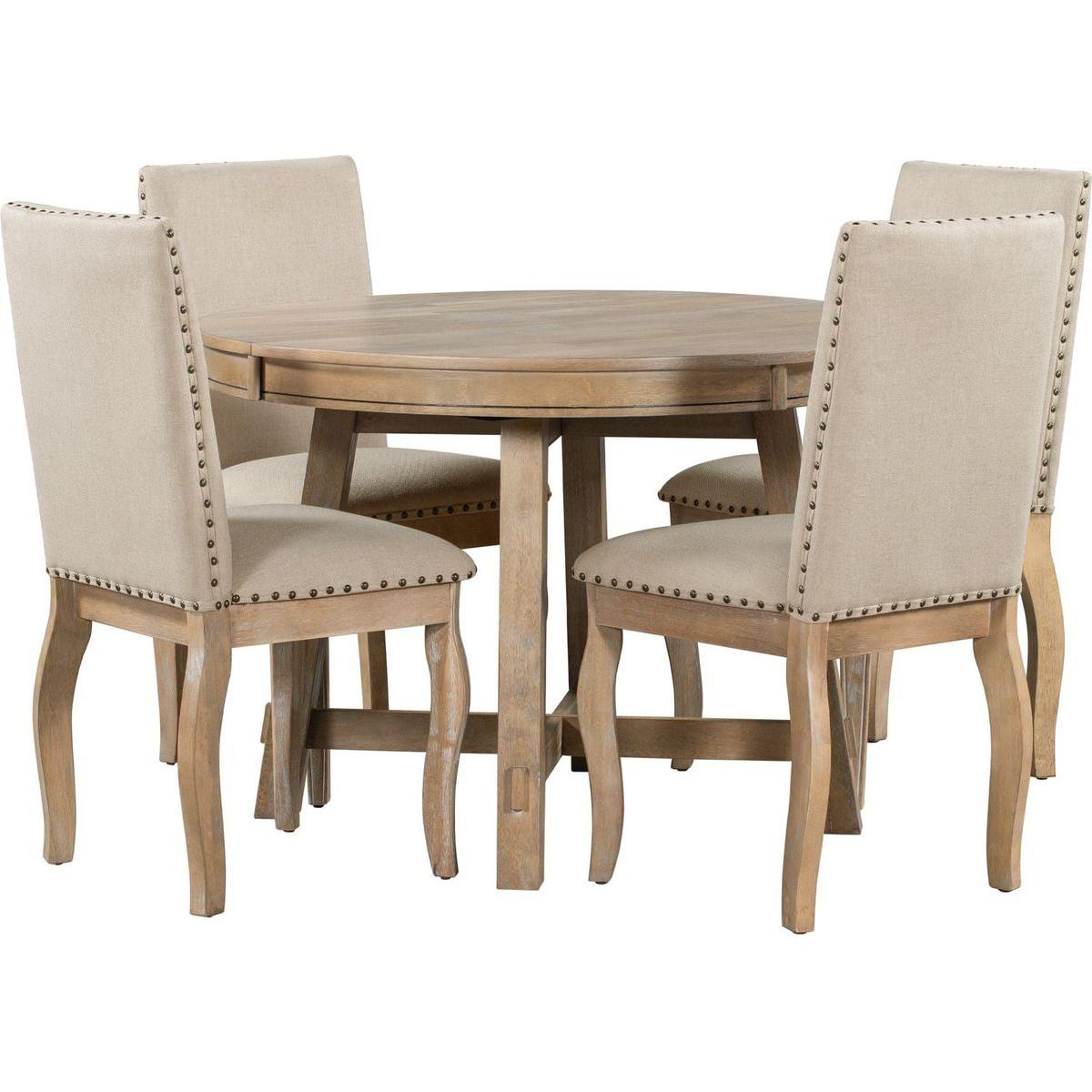 5-Piece Farmhouse Dining Table Set Wood Round Extendable Dining Table and 4 Upholstered Dining Chairs (Natural Wood Wash)