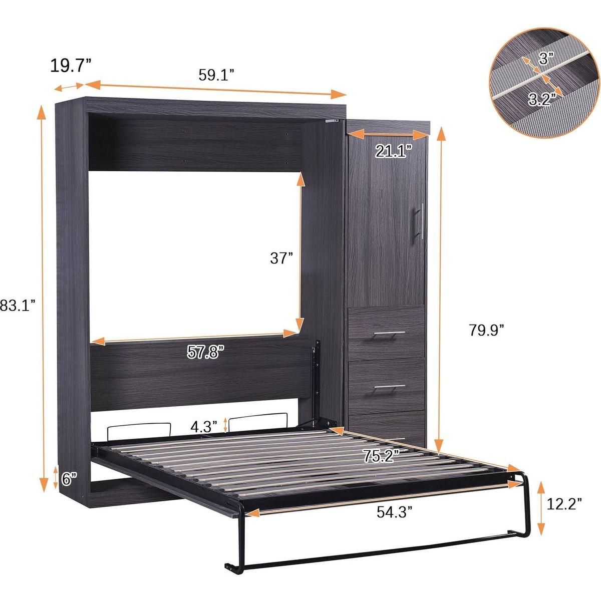 Full Size Murphy Bed with Wardrobe and Drawers, Storage Bed, can be Folded into a Cabinet, Gray