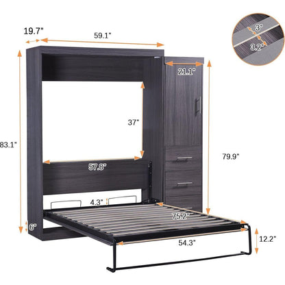 Full Size Murphy Bed with Wardrobe and Drawers, Storage Bed, can be Folded into a Cabinet, Gray