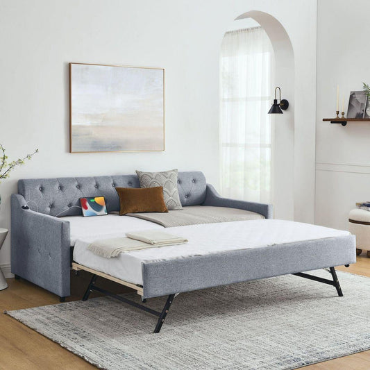 Twin Size Upholstery DayBed with Twin Size Erectable Trundle and USB Charging Design, Linen Grey