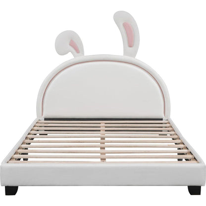 Full Size Upholstered Leather Platform Bed with Rabbit Ornament, White