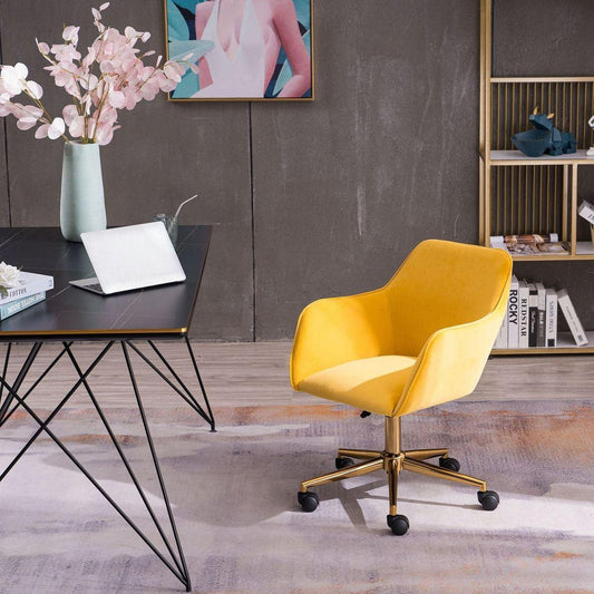 Modern Velvet Yellow Material Adjustable Height 360 Revolving Home Office Chair With Gold Metal Legs And Universal Wheel For Indoor