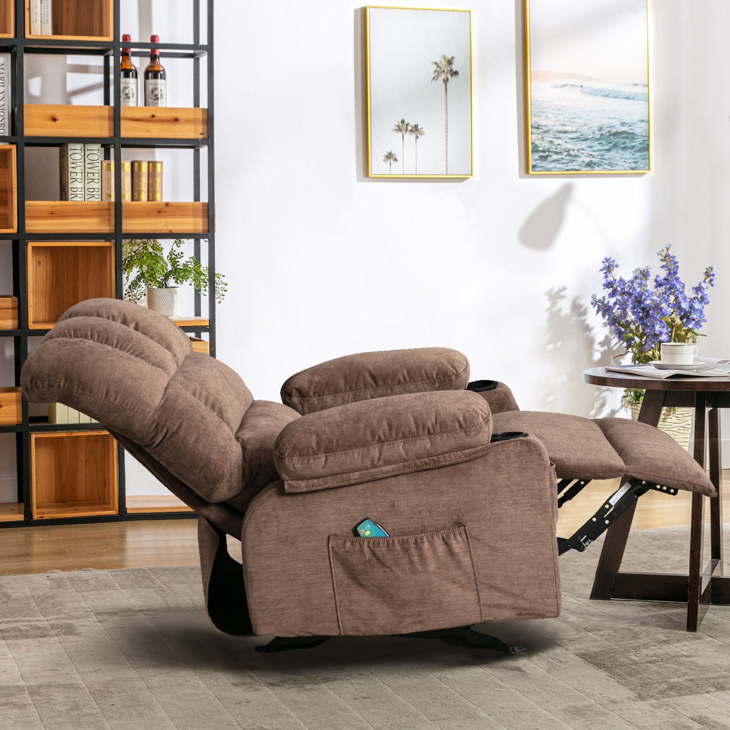 Recliner Chair Massage Heating sofa with USB and side pocket 2 Cup Holders (Brown)