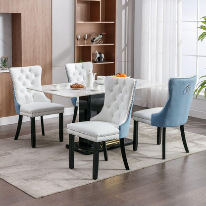 Nikki Collection Modern, High-end Tufted Solid Wood Contemporary PU and Velvet Upholstered Dining Chair with Wood Legs Nailhead Trim 2-Pcs Set, White+Light Blue