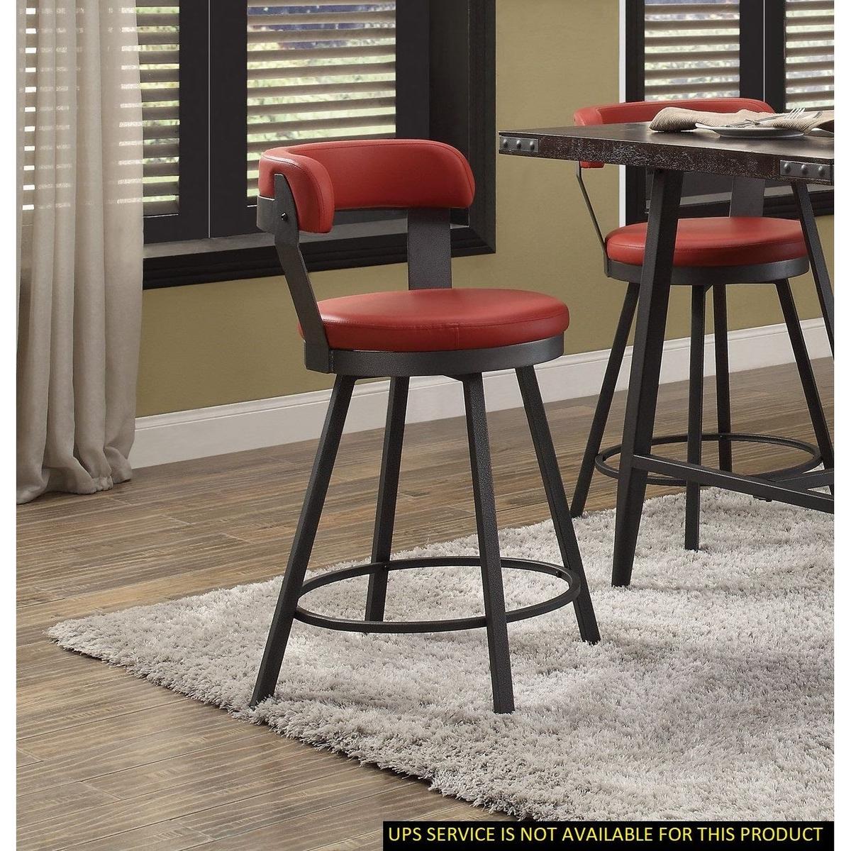 Metal Base 24-inch Counter Height Chairs Set of 2pc Red Seat 360-degree Swivel Faux Leather Upholstered Dining Room Furniture