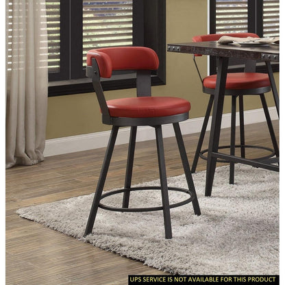 Metal Base 24-inch Counter Height Chairs Set of 2pc Red Seat 360-degree Swivel Faux Leather Upholstered Dining Room Furniture