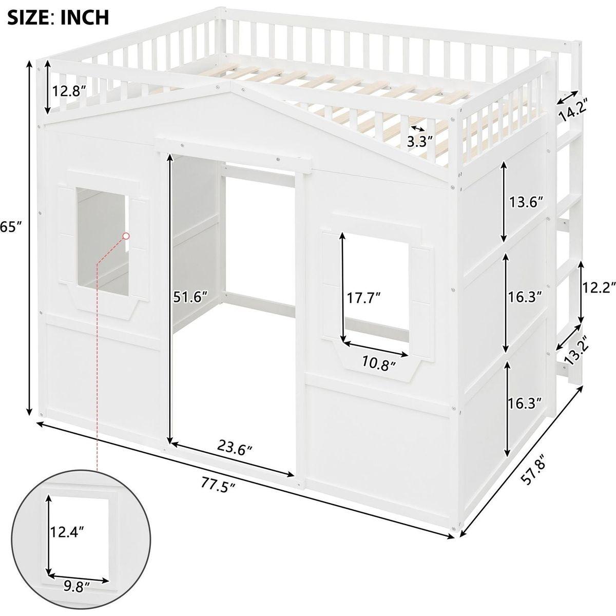 Full Size House Loft Bed With Ladder-White