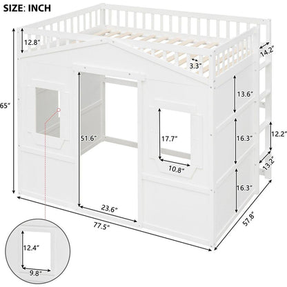 Full Size House Loft Bed With Ladder-White