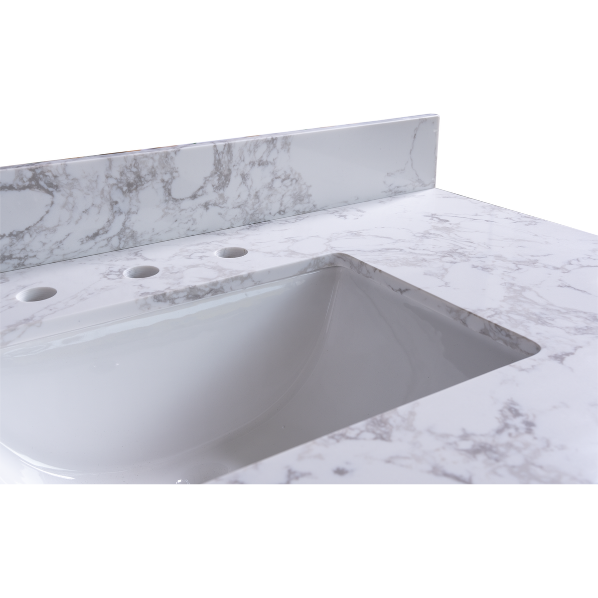 49"x22" bathroom stone vanity top engineered stone carrara white marble color with rectangle undermount ceramic sink and 3 faucet hole with back splash .