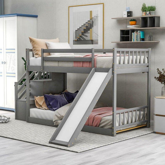 Twin over Twin Bunk Bed with Convertible Slide and Stairway, Gray - Streamdale Furniture