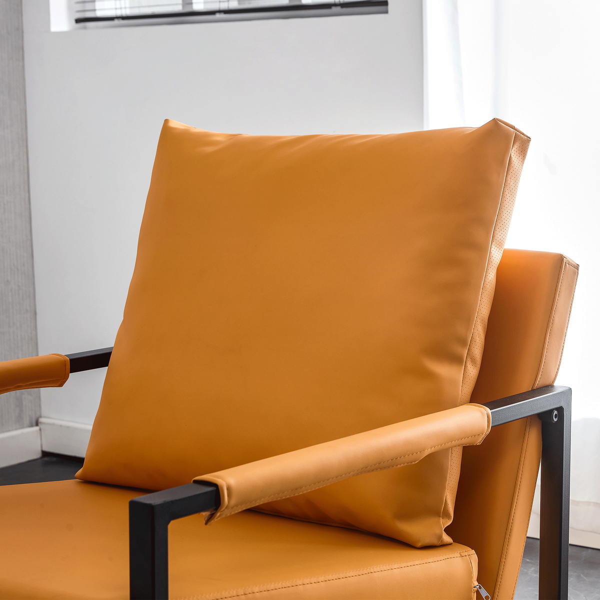 PU Leather Accent Arm Chair Mid Century Upholstered Armchair with Metal Frame Extra-Thick Padded Backrest and Seat Cushion Sofa Chairs for Living Room (orange PU Leather + Metal Frame + Foam)SF-008