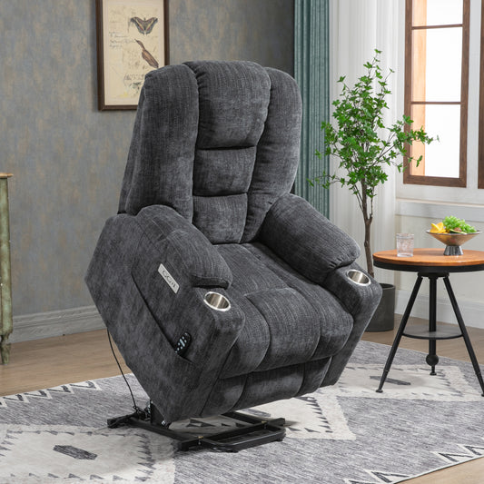 Large Power Lift Recliner Chair with Massage and Heat for Elderly, Overstuffed Wide Recliners, Heavy Duty Motion Mechanism with USB and Type C Ports, 2 Steel Cup Holders, Gray