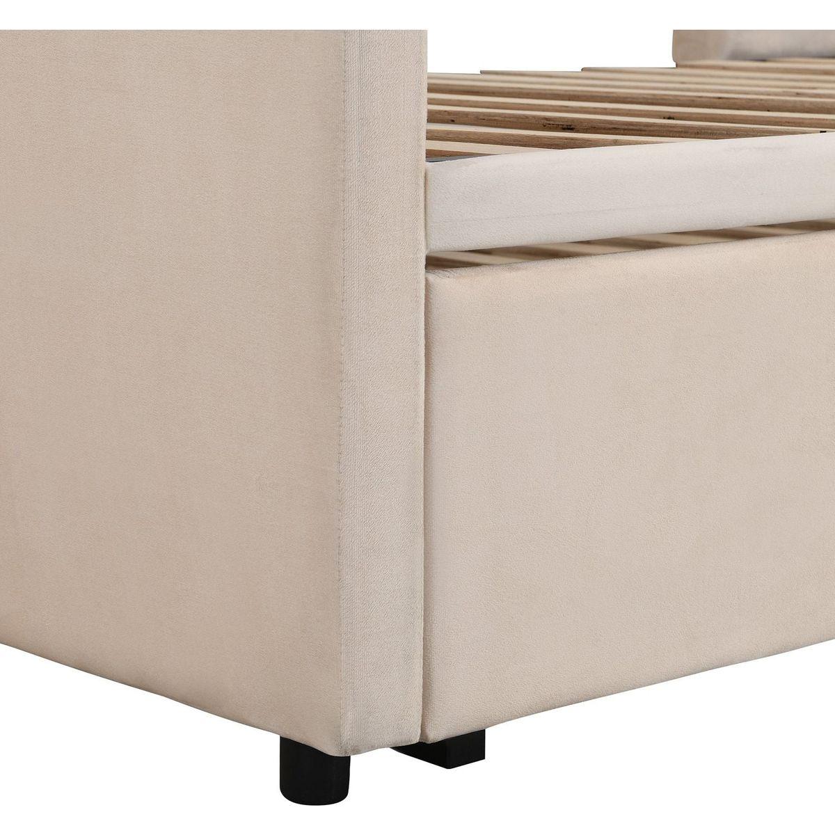 Twin Size Upholstered daybed with Extendable Trundle, Beige - Streamdale Furniture