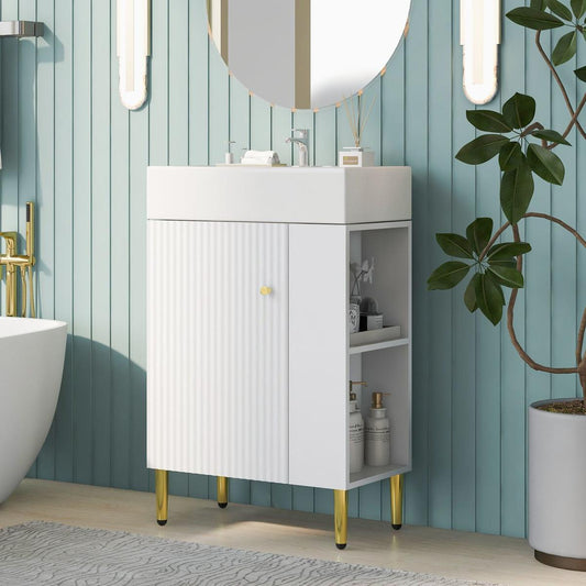 21.6" white Bathroom vanity, Combo Cabinet, Bathroom Storage Cabinet, Single Ceramic Vessel Sink, Right side storage